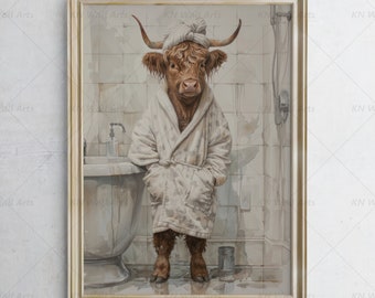 Decoración de pared para baño, vaca de las Tierras Altas, vaca divertida en el baño, lámina de vaca, vaca en la ducha. Descarga digital imprimible.