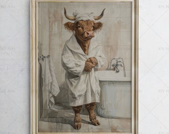 Decoración de pared para baño, vaca de las Tierras Altas, vaca divertida en el baño, lámina de vaca, vaca en la ducha. Descarga digital imprimible.