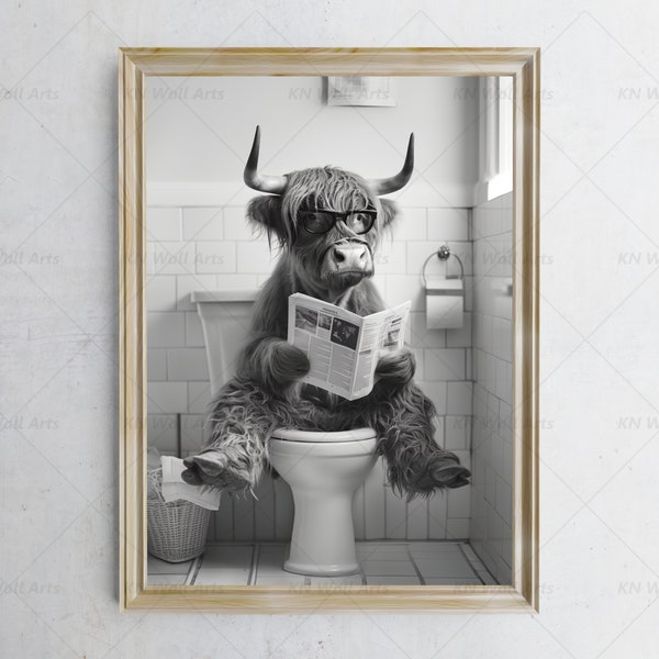 Bathroom Wall Art,  Highland Cow Wall decor, Funny Cow in Toilet, Animal in toilet, Pet shop Art, Cow Art Print, Printable Digital Download