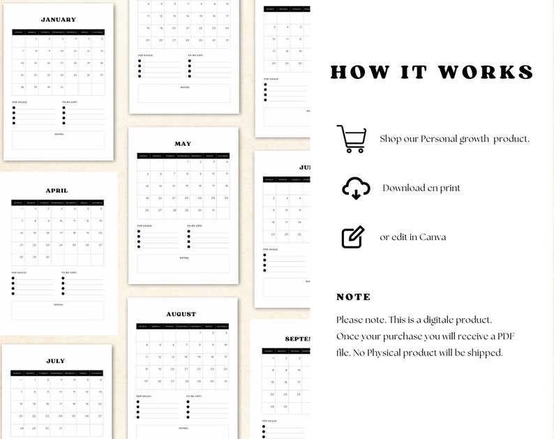 Monthly Planner 2024, Desk Calendar 2024, Year Planner, Digital Monthly