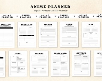 Anime planner, manga planner, undated monthly anime planner, manga books, editable planner, online planner, anime movie tracker, template