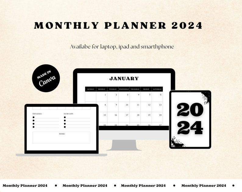 Monthly Planner 2024, Desk Calendar 2024, Year Planner, Digital Monthly