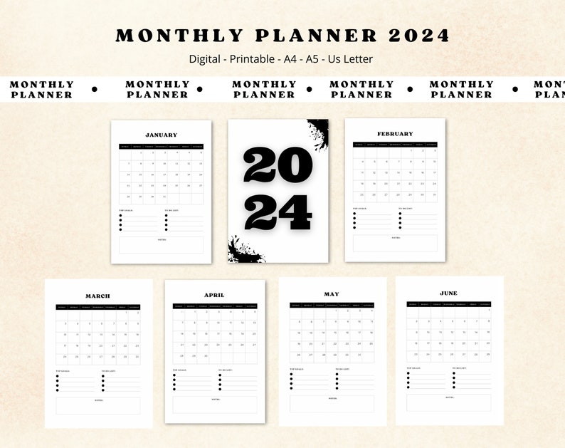 Monthly Planner 2024, Desk Calendar 2024, Year Planner, Digital Monthly