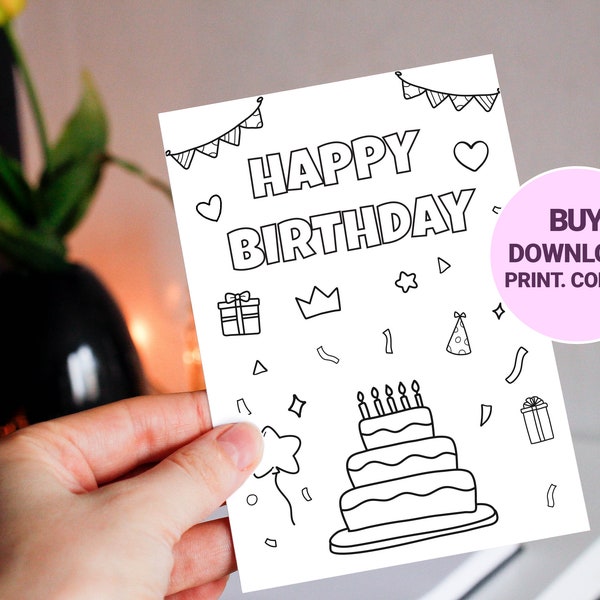 Printable Happy Birthday Coloring Card Kids Party Girls Boys - A4 Download 5 x 7