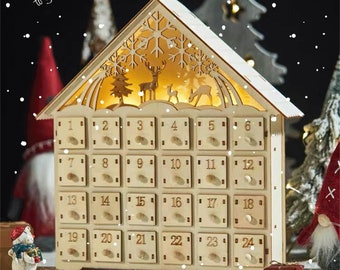 Christmas Wooden Advent Calendar with LED Lights 24 Drawer House Pine Wood DIY Countdown Calendar, Christmas Gift for Kids and Parents.