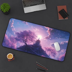 Japanese Cherry Blossom Mousepad, Fantasy Temple Desk Mat, Pink Sakura Landscape, Anime Sunset Scenery, Aesthetic Gaming Accessory
