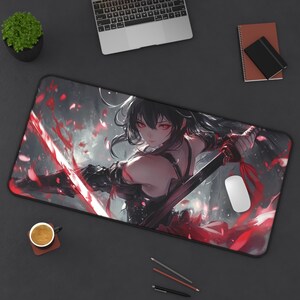 Anime mousepad, dark warrior girl, red eyes anime, katana mousepad, fantasy art, gaming desk mat, epic battle scene, unique gift, otaku