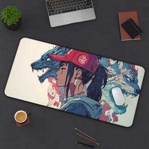 Anime Girl Mousepad, Dragon Fantasy Desk Mat, Cool Gaming Mouse Pad, Urban Art Office Decor, Japanese Manga Gift, Vaporwave Aesthetic