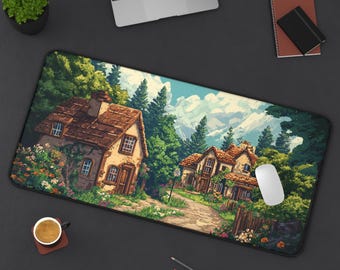 Pixelart Village Deskmat, Pixelart Desk Mat, Pixelart Village Mousepad, Cozy Village Mousepad, Cozy Pixelart Desk Mat