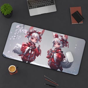 Kitsune Anime Mousepad, Cute Fox Girls Deskmat, Japanese Kimono Art XXL Desk Mat, Aesthetic Gaming Mouse Pad, Kawaii Desk Accessory