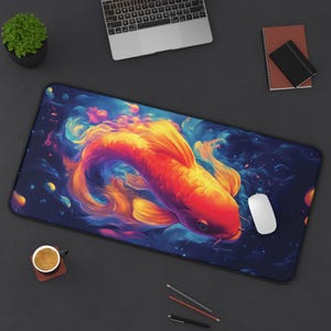 Koi Fish Mousepad, Vibrant Deskmat with Neon Koi Design, XXL Gaming Mouse Pad, Aesthetic Watercolor Desk Mat, Japanese Art Desk Accessory