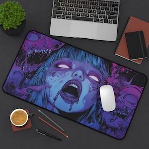 Fear Girl Mousepad, Anime Girl Deskmat, Horror Anime Girl XXL Mouse Pad, Lofi Gaming Desk Mat, Neon Aesthetic Mousepad