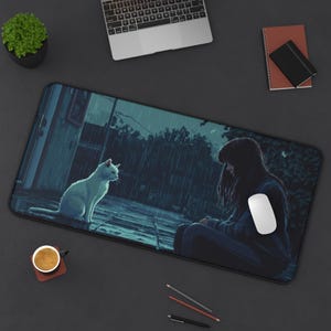 Anime Girl and Cat Mousepad, Pixelart Anime Mousepad, Anime Girl Deskmat, Lofi Mousepad, Anime Desk Mat, Mousepad XXL