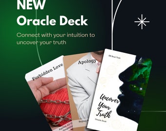 May include: Three oracle cards with colorful designs. The cards are titled "Forbidden Love", "Apology", and "Uncover Your Truth".