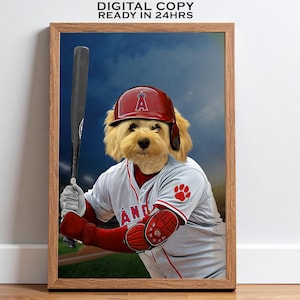 Personalized Baseball Dog Portrait, LA Baseball Fan Gift, Personalized Pet Art in Baseball Uniform, Portrait from Photo, Dog Car Wall Art