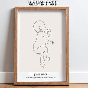 Dibujo digital de línea de bebé recién nacido, regalo para bebé, escala 1:1, póster de nacimiento, ilustración personalizada para recién nacido, regalo para mamá primeriza