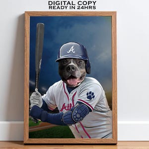 Retrato de mascota personalizado con camiseta de béisbol, póster de perro del equipo de béisbol de Atlanta, regalo único para amantes de las mascotas, retrato de perro con atuendo deportivo, pérdida de mascota
