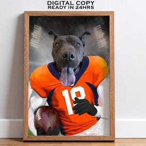 Denver US Football Team Pet Portrait, Funny Football Gift, Custom Dog Portrait, Gift for Football Fan, American Football Dog Sports Gift