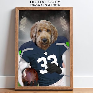 Custom Pet as US Football Player, Seattle American Football Dog Portrait, Football Fan Gift, Dog in Football Jersey, Pet Loss, Cat Portrait