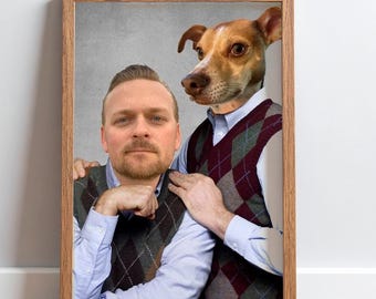 Step Brothers Pet Portraits, Human and Pet Custom Portrait, Vintage Movie Poster, Dog Cat with Owner, Humorous Pet Lover Gift