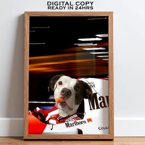 Gepersonaliseerde auto racer hond portret, F1 huisdier poster, autosport cadeau, hond rijdende auto kunst aan de muur, cadeau voor auto racer fan, cadeau voor hem
