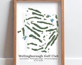 Carte du club de golf de Wellingborough, cartes du parcours de golf au Royaume-Uni, impression numérique du parcours de golf, cadeau de retraite de golf, cadeau d'anniversaire de golf, amateur de golf