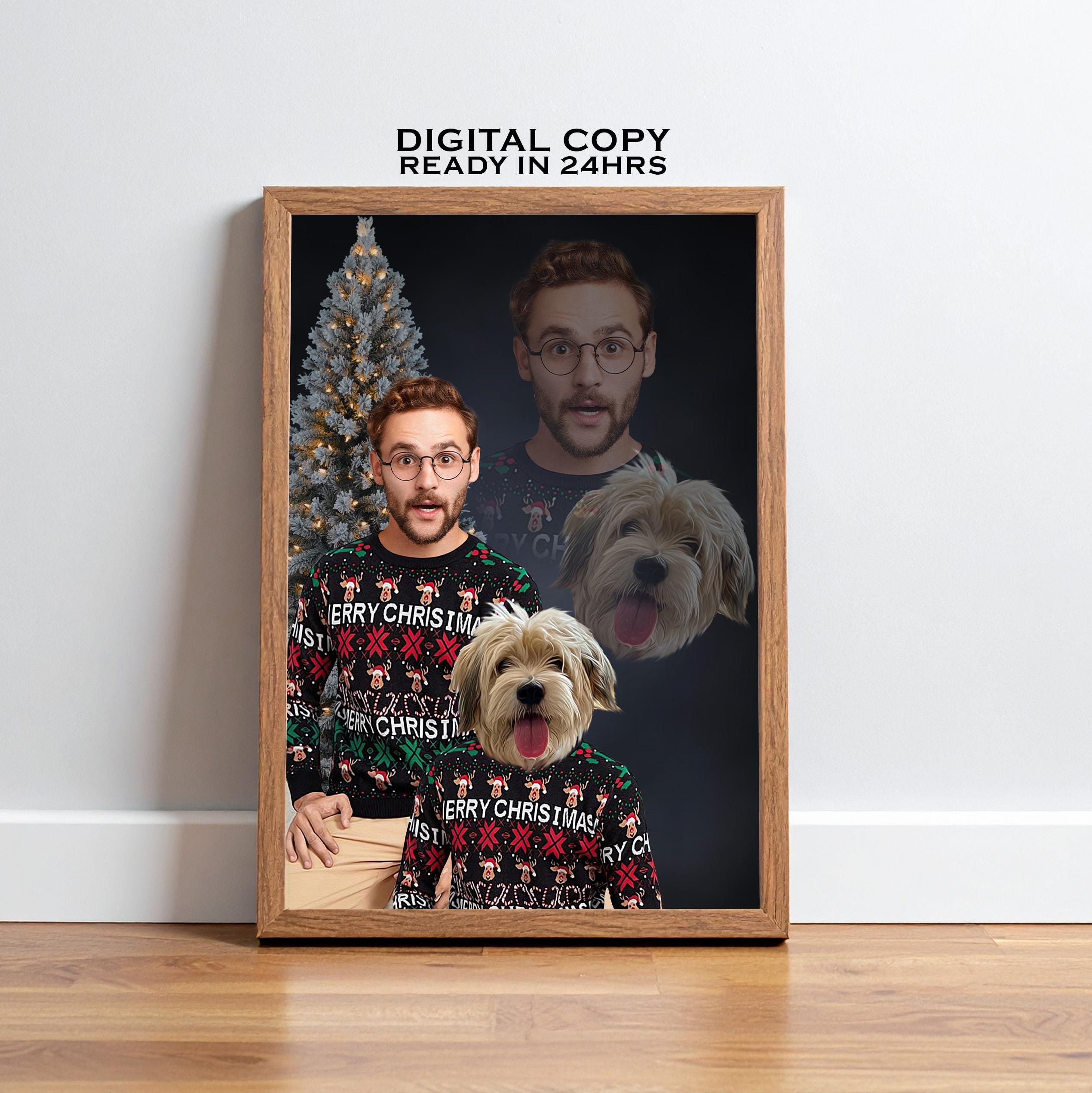 1980s Inspired Portraits of Human and their pet, Double exposure portraits, Pet Christmas Card, Christmas Retro Wall Art, Pet Memorial Gift