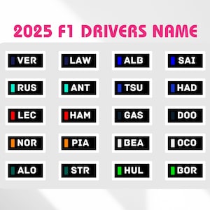 Naamstickers F1-coureurs 2025 | Stickers voor Formule 1-coureurs | 2025 F1-coureur line-up F1 digitale stickers | F1-fancadeaus | Afdrukbare sticker