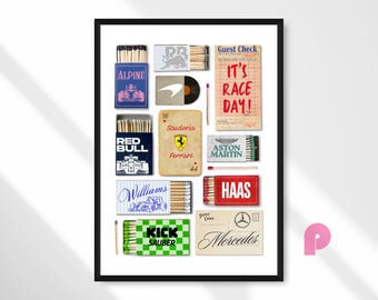 May include: A framed print featuring various matchboxes and ephemera with Formula 1 racing themes. Includes matchboxes with team logos like Alpine, Red Bull, Williams, and Haas, along with a "Guest Check" that reads "It's Race Day!"