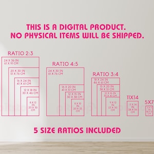 May include: Pink text on a white background states "THIS IS A DIGITAL PRODUCT. NO PHYSICAL ITEMS WILL BE SHIPPED." Below are five size ratios, including 24 x 36 inch and 20 x 30 inch sizes, with corresponding centimeter measurements.