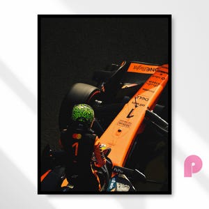 May include: A Formula 1 race car in papaya orange and black with the number 1 displayed on the chassis and driver suit. The car features various sponsor logos including Hilton, Dell, and Cisco. The driver wears a bright green patterned helmet.
