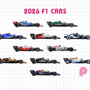 May include: An illustration of ten Formula 1 race cars in various colors, including blue, green, orange, and red. The text "2026 F1 CARS" is displayed in pink at the top of the image. The cars are arranged in rows.