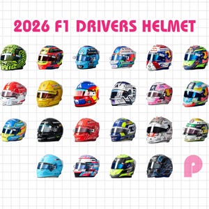 Peut inclure: Une grille de vingt et un casques de course colorés, chacun avec des designs uniques et des logos de sponsors. Le texte "2026 F1 DRIVERS HELMET" est affiché en rose en haut. Les casques sont disposés sur un fond de grille blanche.