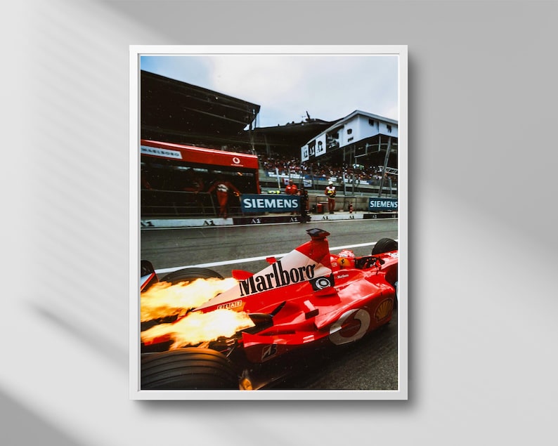 May include: A framed photograph of a red Formula 1 race car with the Marlboro logo, flames shooting from the exhaust. The car is on a racetrack, with a crowd and the Siemens logo visible in the background.
