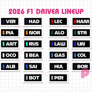 2026 F1 Fahrer Lineup Tags, 2026 Formel 1 bestätigte Fahrer, F1 Digitale Aufkleber PNG, F1 Drucke, F1 Druckbare Aufkleber, digitaler Download