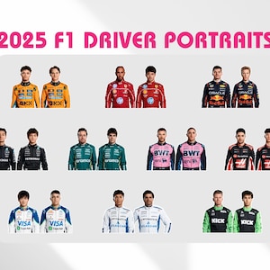 Naklejki z portretami kierowców F1 2025 | Naklejki kierowców Formuły 1 | Naklejki cyfrowe zespołu F1 sezonu 2025 | Prezent dla fana F1 | Naklejki do druku F1