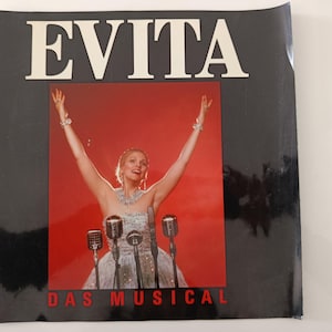 Programa de mano del musical EVITA de 1988, programa de teatro de Broadway, gira de Andrew Lloyd Webber por Alemania, recuerdos teatrales de los 80, libro, teatro y cine.