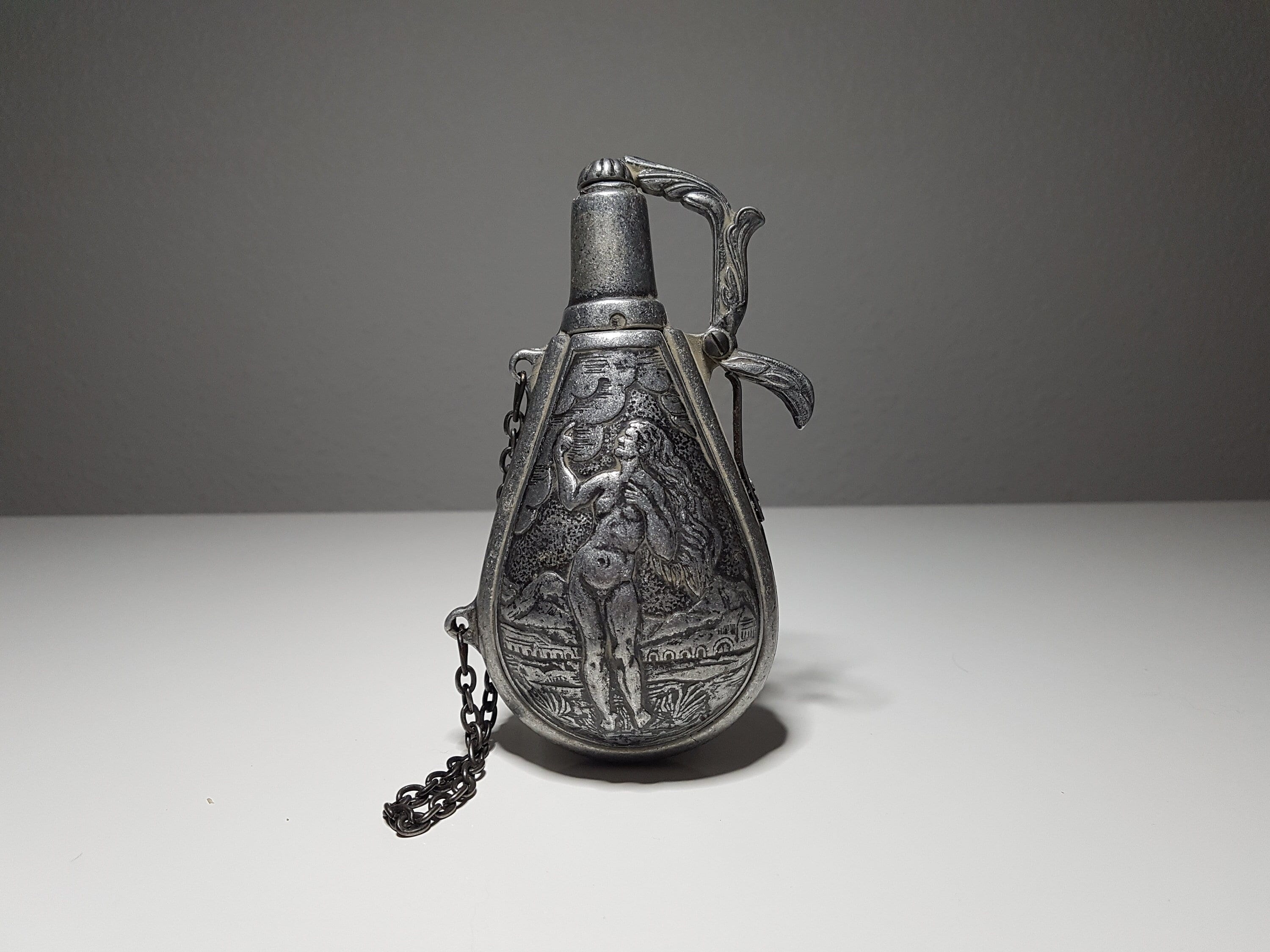 Vintage Powder Flask With Chain Zeus and Diana Made of Tin