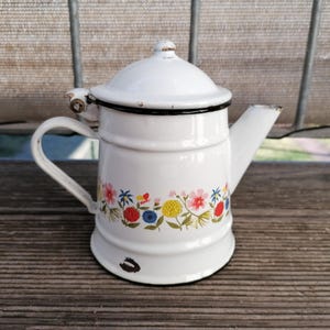 Vintage Enameled Teapot Flowers Colorful Flowers Coffee Pot Metal Jug Milk Jug