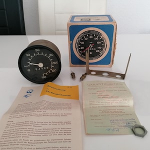Vintage East German speedometer for Wartburg 353, Barkas B1000, Trabant, and IFA - Original 100 mm round speedometer in original packaging - Ostalgie collector's item from the 1970s/80s