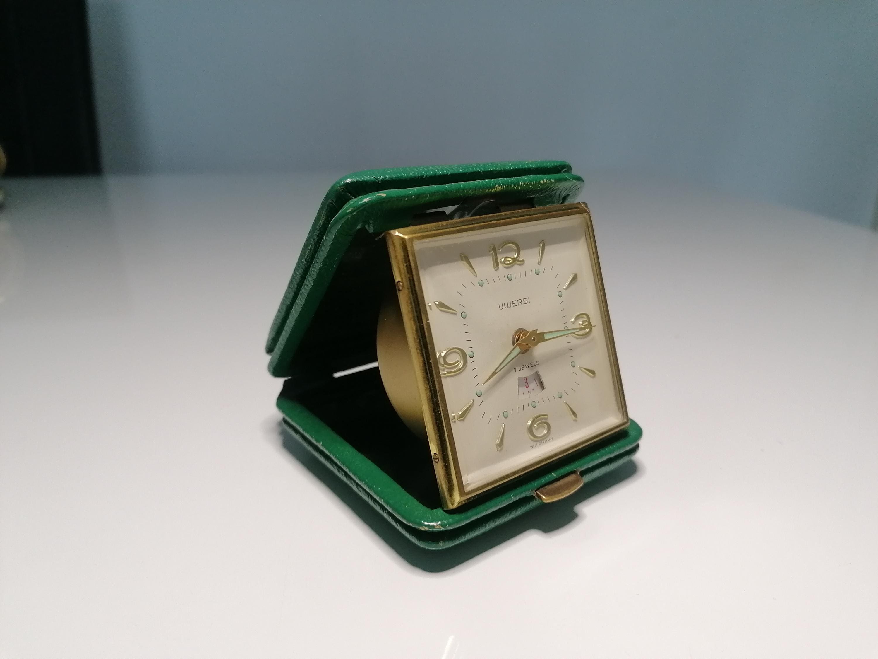 Vintage Uwersi 7 Jewels Mechanical Travel Alarm Clock With Date