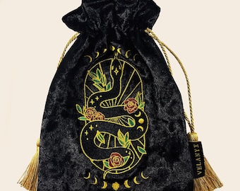 Embroidered Velvet Tarot Pouch: Serpent & Roses Witchy Bag