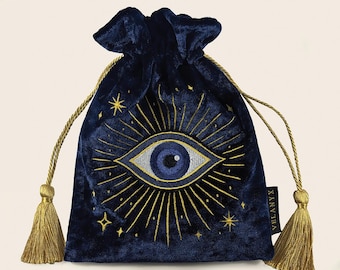Embroidered Velvet Tarot Card Pouch: All Seeing Eye Witch Bag