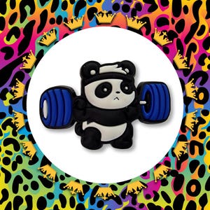 May include: A black and white panda bear wearing a black headband is lifting a blue barbell. The panda is cartoon-like and has a cute expression.