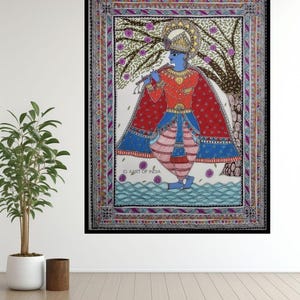 Shri Krishna madhubani art - Indian Madhubani Painting, Living Room decor, Pooja room decor, Indian Folk Art, Wall Art