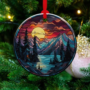 Northern Lights & Mountains, FAUX Stained Glass, Round Ceramic Ornament, Christmas Decoration, Holiday Gift Idea