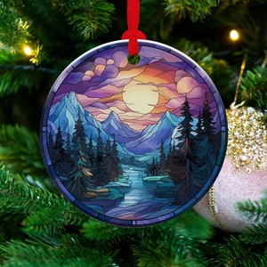 Northern Lights & Snow, FAUX Stained Glass, Round Ceramic Ornament, Christmas Decoration, Holiday Gift Idea