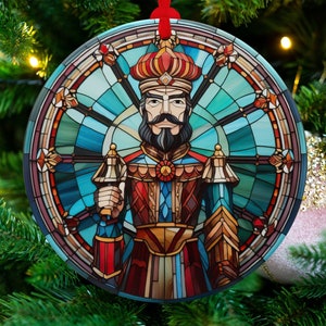 Barba preta de quebra-nozes de Natal, enfeite de vitral falso, enfeite de Natal, enfeite de quebra-nozes, visual antigo, retrô, cores vibrantes