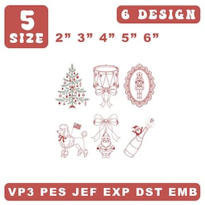 Può includere: Sei disegni da ricamo a linea rossa con un albero di Natale, un tamburo con fiocco, uno schiaccianoci in una cornice decorata, un barboncino con bandiera, Babbo Natale con fiocco e una bottiglia di champagne. Testo: 5 SIZE 5cm 8cm 10cm 13cm 15cm, 6 DESIGN, VP3 PES JEF EXP DST EMB.