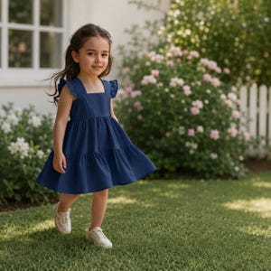 May include: A young girl wearing a navy blue dress with a square neckline and ruffled sleeves. The dress has a tiered skirt and is paired with white sneakers. The girl is standing on green grass in front of a white picket fence and a flowering bush.